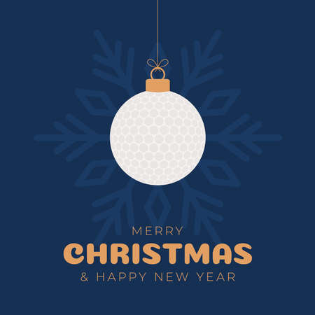 Golf christmas greeting card. Merry Christmas and Happy New Year flat cartoon Sports banner. golf ball as a xmas ball on background. Vector illustration.のイラスト素材