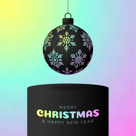 Merry Christmas card with holographic ball on pedestal. Vector illustration in flat style with Xmas lettering and bauble christmas ball hang on thread on rainbow foil backgroundのイラスト素材