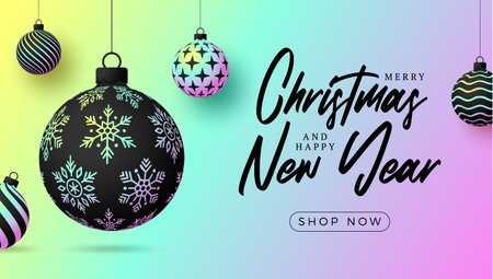 Christmas greeting card Holographic foil bauble ball. Merry Christmas and Happy New Year banner with iridescent realistic festive ball gradient holographic neon shade color. Vector illustrationのイラスト素材