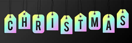 Christmas sale tag banner. Holographic Glossy iridescent color merry christmas sale tag vector illustration.のイラスト素材