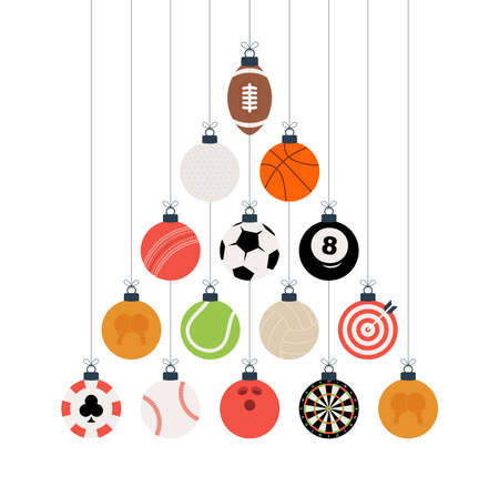 Sport Christmas illustration. Creative Xmas tree made by football, soccer, basketball, cricket, golf, baseball, tennis ball. Christmas and new year flat Vector Sport greeting card bannerのイラスト素材