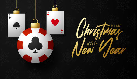 poker Christmas card. Merry Christmas sport greeting card. Hang on a thread poker chip as a xmas ball and golden bauble on black background. Sport Vector illustration.のイラスト素材