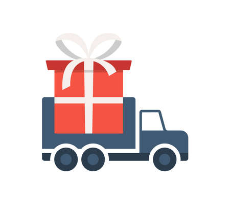 Christmas gift delivery. online shopping logistic truck delivering gift tag. Online delivery contactless service to home, office by truck.のイラスト素材