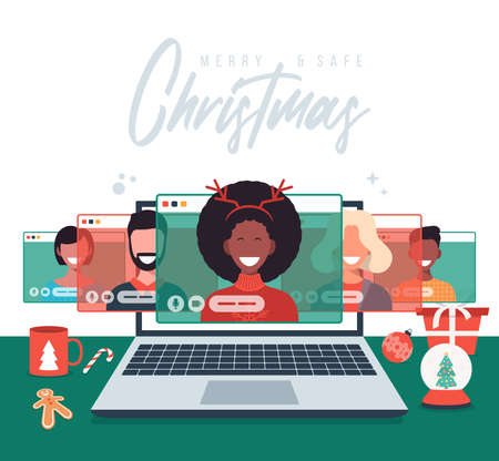 Christmas online greeting. people meeting online together with family or friends video calling on laptop virtual discussion. Merry and Safe Christmas office desk workplace, flat vector illustrationのイラスト素材