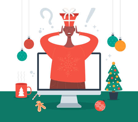 What gift to choose concept. Shocked man in a New Year or Christmas suit chooses gifts on computer screen. Flat cartoon Vector stock illustration.のイラスト素材