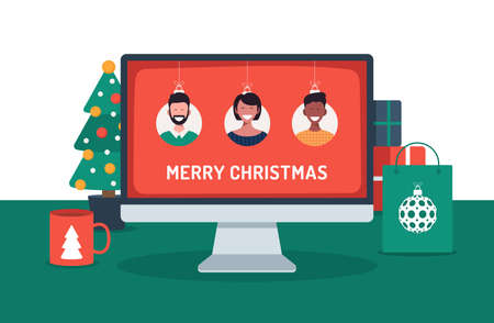 Online christmas holiday party. People quarantined having video call celebrating Christmas and New Year at home and decorate with Christmas tree, cup, flat vector illustrationのイラスト素材