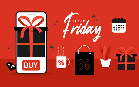 Black Friday phone online shopping. Black Friday online shopping design element concept. Vector cartoon illustrationのイラスト素材