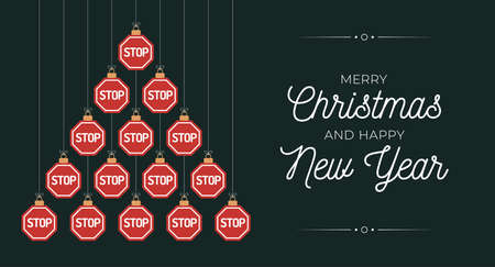 Stop sign Christmas and new year greeting card bauble tree. Creative Xmas tree made by road stop...