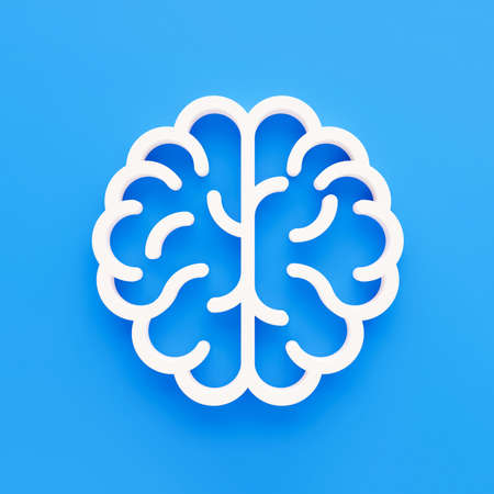 minimal white brain icon on blue background. 3d rendering.の写真素材