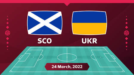 Scotland vs Ukraine match. Playoff Football championship match versus teams on football field. Intro sport background, championship competition final poster, flat style vector illustrationのイラスト素材