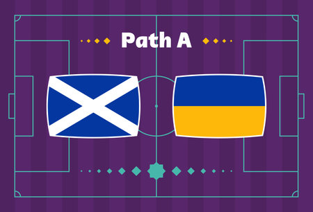 Scotland vs Ukraine match. Playoff Football championship match versus teams on football field. Intro sport background, championship competition final poster, flat style vector illustrationのイラスト素材