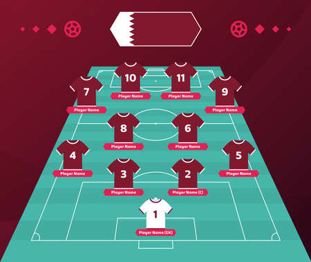 Qatar Football team formation. Soccer or football field with 11 shirt with numbers vector illustration. soccer lineupのイラスト素材