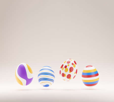 3D Eggs levitating on beige background. easter eggs colorful decoration background. minimal holiday...