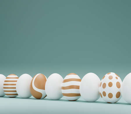 Row of funny easter eggs decorated with different colors and designs. 3D render illustration. Row of...