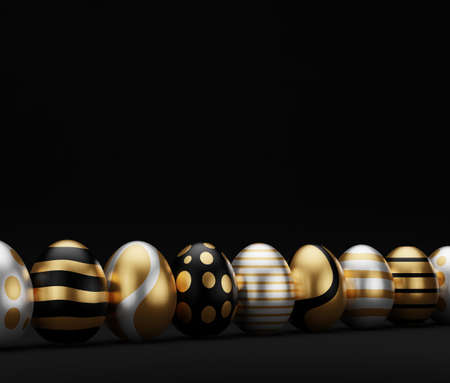 3d render luxury golden easter egg in row on dark background. Elegant painted black Easter eggs with...