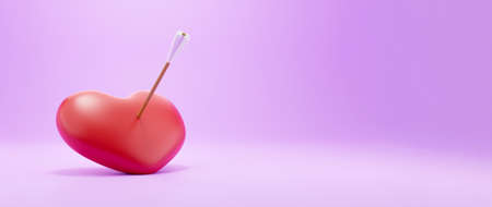 3d rendering heart shape pink background. 3D icon a red heart pierced through with arrow on pink background Cartoon minimal cute smooth. Valentine's day concept.の写真素材