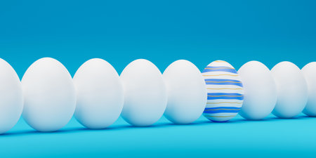 Easter Blue ornate egg around white eggs in row closeup. Blue painted egg in a row of the white eggs. Happy easter 3D rendering illustration.の写真素材