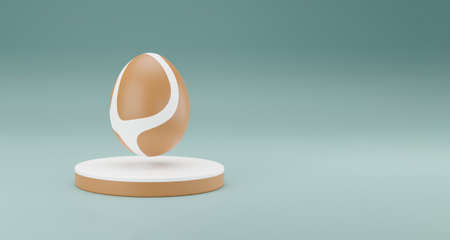 Golden Easter egg on podium 3d render illustration green background. happy easter day concept. minimal scene with pedestal and egg.の写真素材