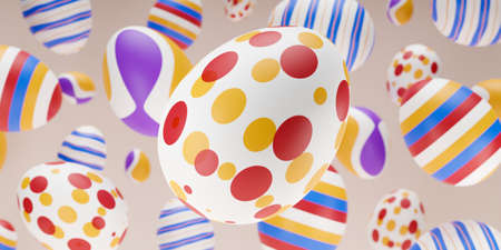 Easter composition with levitation 3d rendering colorful egg. Happy easter creative banner with...