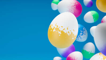 Easter composition with levitation 3d rendering painted egg. Happy easter creative banner with...