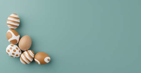 Golden easter eggs with gold pattern on a green background. 3d render illustration. Easter...