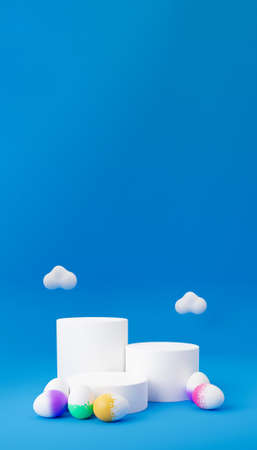 Easter egg with empty podium 3d render illustration on blue background with cloud. happy easter day concept. minimal scene with pedestal and egg.の写真素材