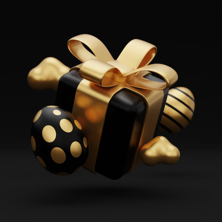 Black gift box with gold bow on black background. 3d illustrationの写真素材