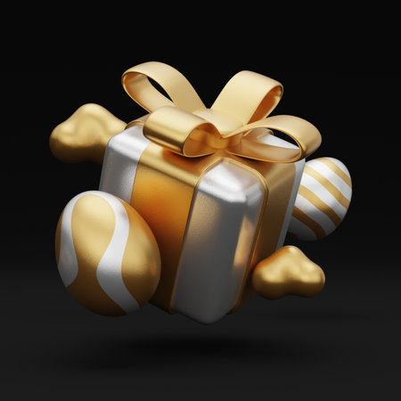 Golden gift box with bow isolated on black background. 3D rendering.の写真素材