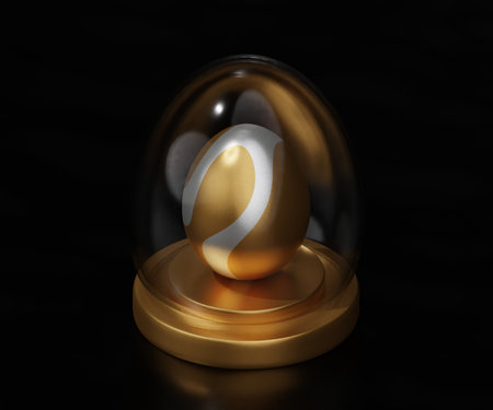 glass easter egg on isometric podium 3d render.の写真素材
