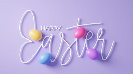 Happy Easter lettering with easter eggs on purple background. vector illustration.の写真素材