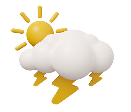 sun thunderbolt cloud 3d weather. isolated minimal 3d render illustration in cartoon trendy style.の写真素材