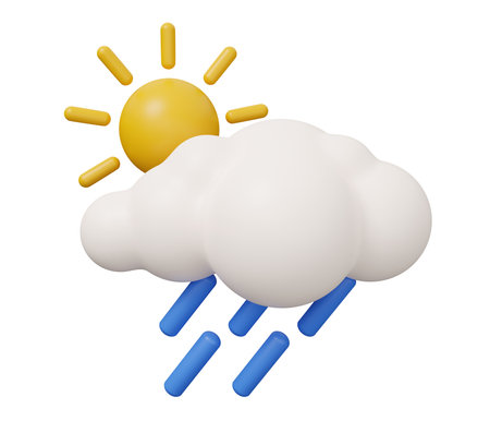 sun rain cloud 3d weather. isolated minimal 3d render illustration in cartoon trendy style.の写真素材
