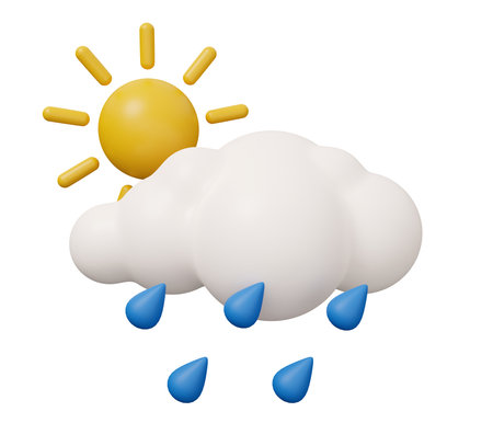 sun rain cloud 3d weather. isolated minimal 3d render illustration in cartoon trendy style.の写真素材