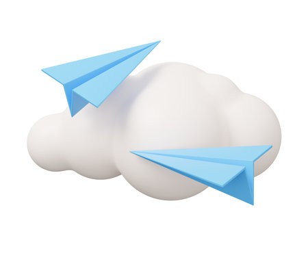 paper plane cloud 3d illustration. Minimal 3d render illustration isolated on white background.の写真素材