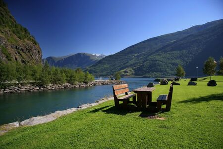 View of the river and the mountains Norwayの写真素材