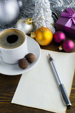 Letter to Santa Claus, coffee, and Christmas decorations