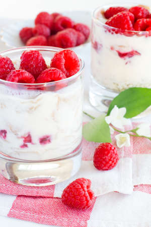 Dessert of cottage cheese with raspberries