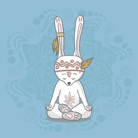 Cute bunny sitting in yoga lotus pose and relaxingのイラスト素材