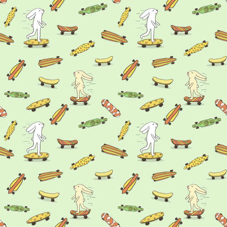 Seamless pattern with various long boards. Rabbits on skateboards.のイラスト素材