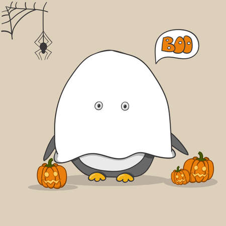 Penguin wearing in a ghost costume with carved pumpkins. Happy Halloween card.のイラスト素材
