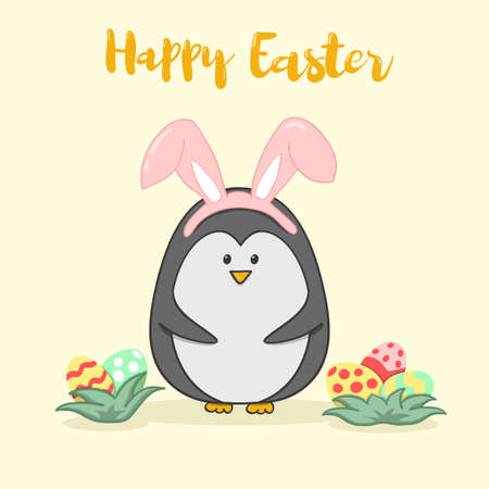 Cute penguin in bunny ears, with text Happy Easter. Concept for print, card. Hand drawn vector illustration.のイラスト素材