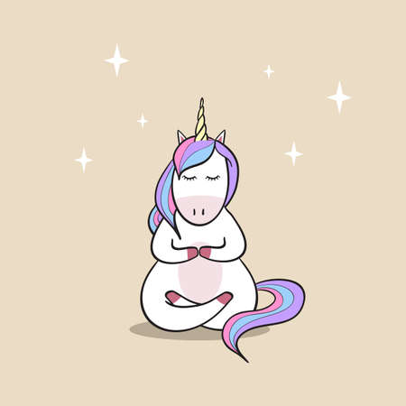 Cute unicorn sitting in yoga lotus pose and relaxingのイラスト素材