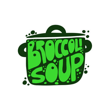 Text broccoli soup is written in the form of pot. Green letters on a dark background.のイラスト素材