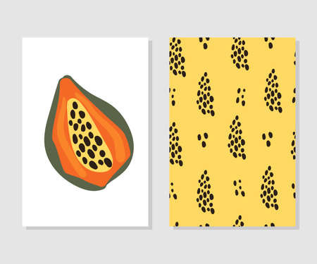 Summer set with papaya. Hand drawn illustration for wrapping paper, fabric and cloth printのイラスト素材