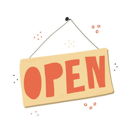 Open door sign. Hand drawn vector illustration in scandinavian styleのイラスト素材