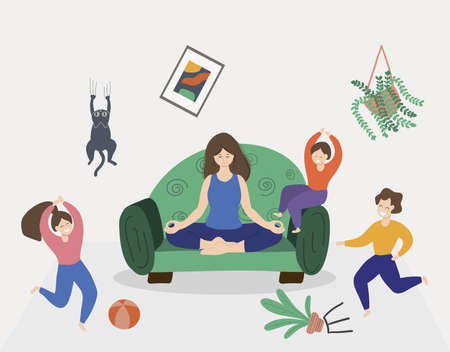 Woman meditating in lotus pose. Calm mom and naughty mischievous children running around her.のイラスト素材