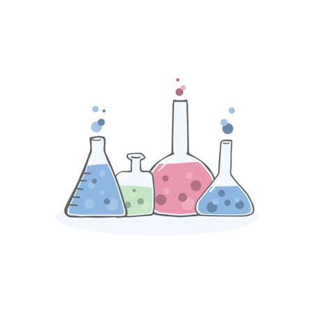 Set chemistry test tubes, different shapes. Collection of hand drawn vector flasks in doodle style.のイラスト素材