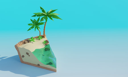 Tropical island in the shape of piece of cake. 3d image.