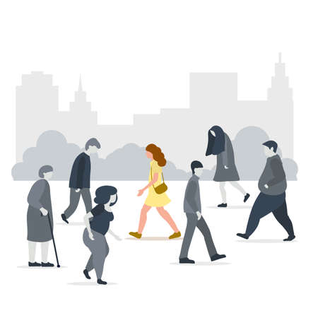 Happy woman walks on depressed crowded city street. Depression and mental health. Hand drawn cartoon vector illustrationのイラスト素材