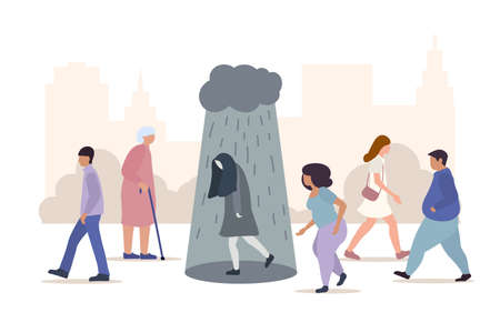 Depressed woman walks under cloud with falling rain on crowded city street. Depression, mental problems, loneliness cartoon vector illustrationのイラスト素材